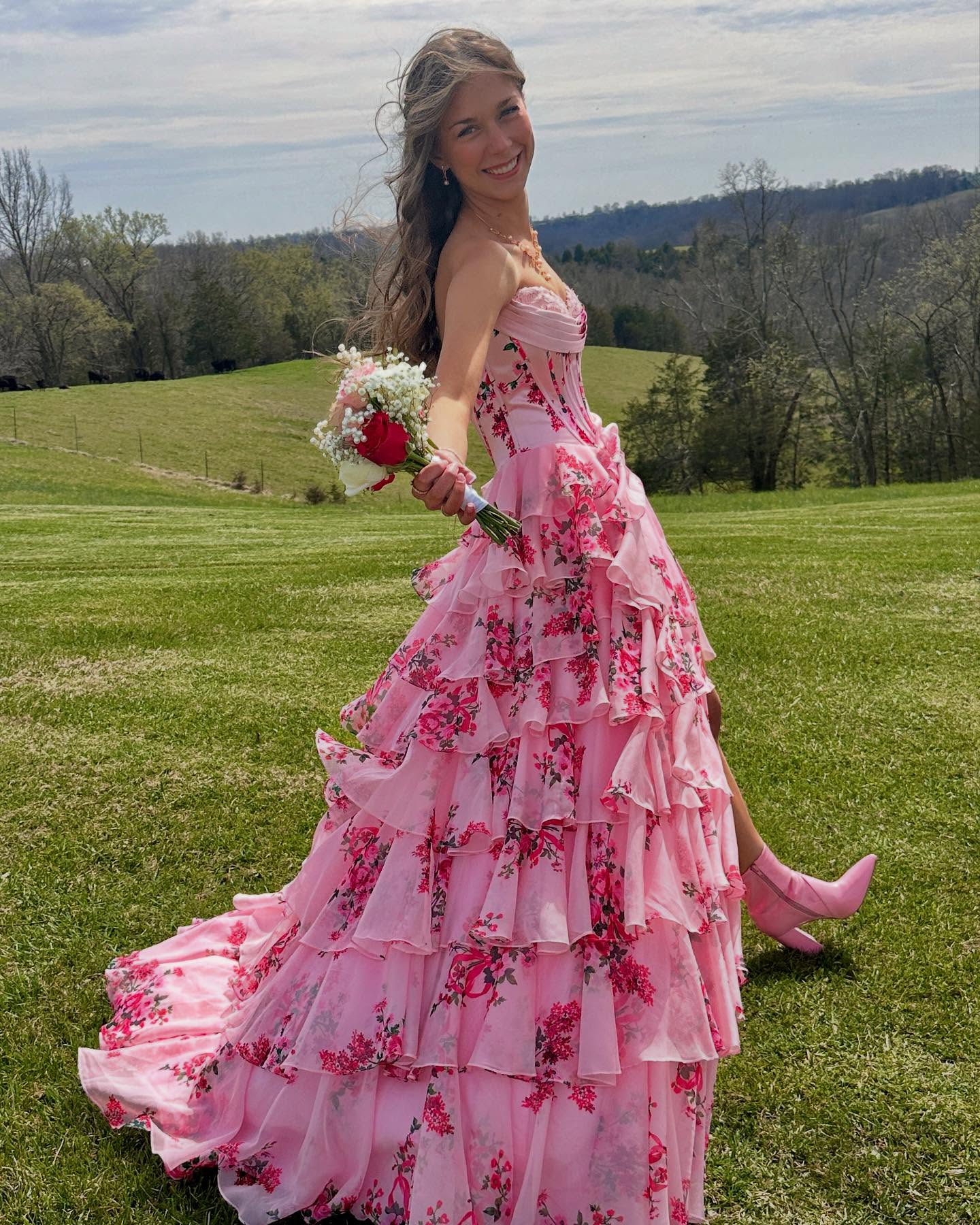 Strapless White and Blue Floral Print Tiered Long Dress