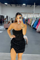 Strapless Rhinestones Red Sequin Tight Mini Dress