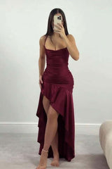 Straps Red Satin Fitted Ruffle Long Party Dress