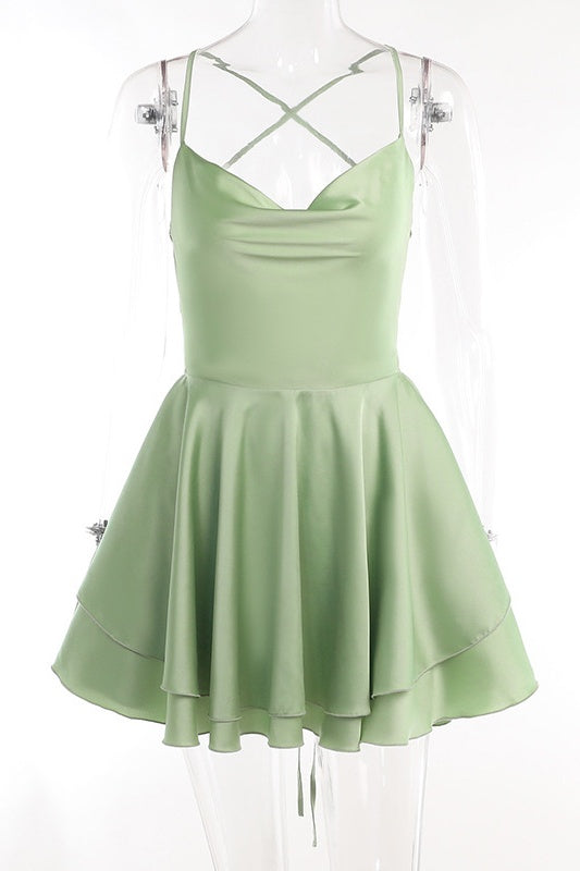 Cowl Neck Green Ruffle Tiered Short Dress