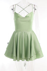 Cowl Neck Green Ruffle Tiered Short Dress
