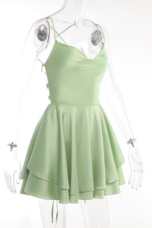 Cowl Neck Green Ruffle Tiered Short Dress