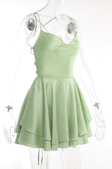 Cowl Neck Green Ruffle Tiered Short Dress