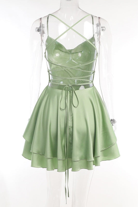 Cowl Neck Green Ruffle Tiered Short Dress