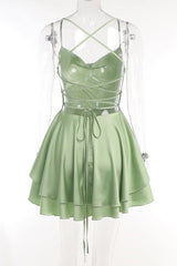 Cowl Neck Green Ruffle Tiered Short Dress