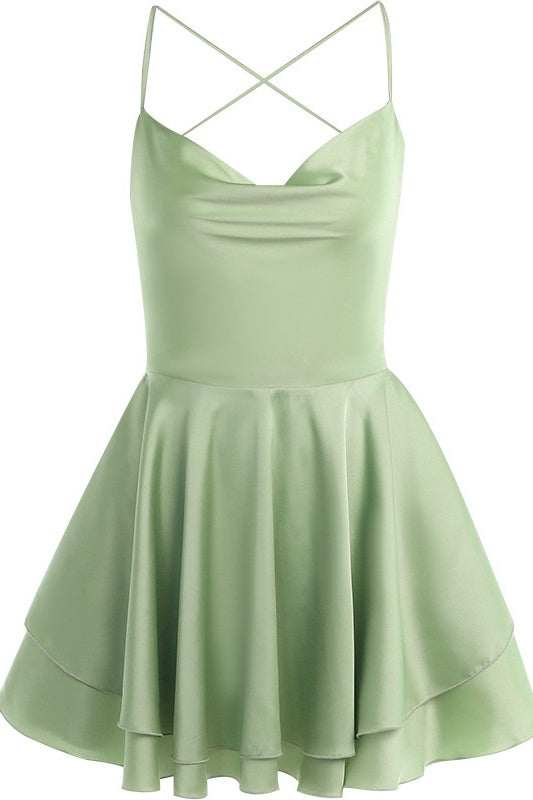Cowl Neck Green Ruffle Tiered Short Dress