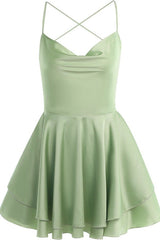 Cowl Neck Green Ruffle Tiered Short Dress