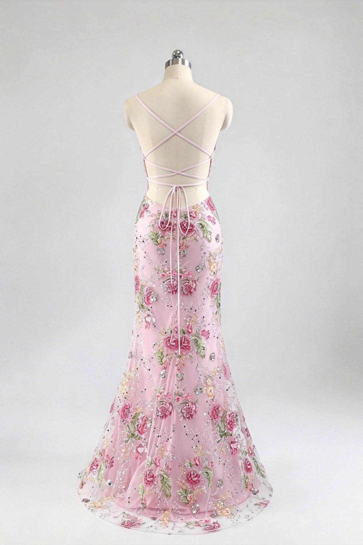 Pink Tulle Floral Mermaid Dress with V-Neck