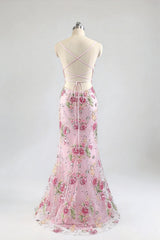 Pink Tulle Floral Mermaid Dress with V-Neck
