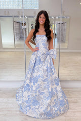 Lavender Strapless Jacquard Bow Prom Dress