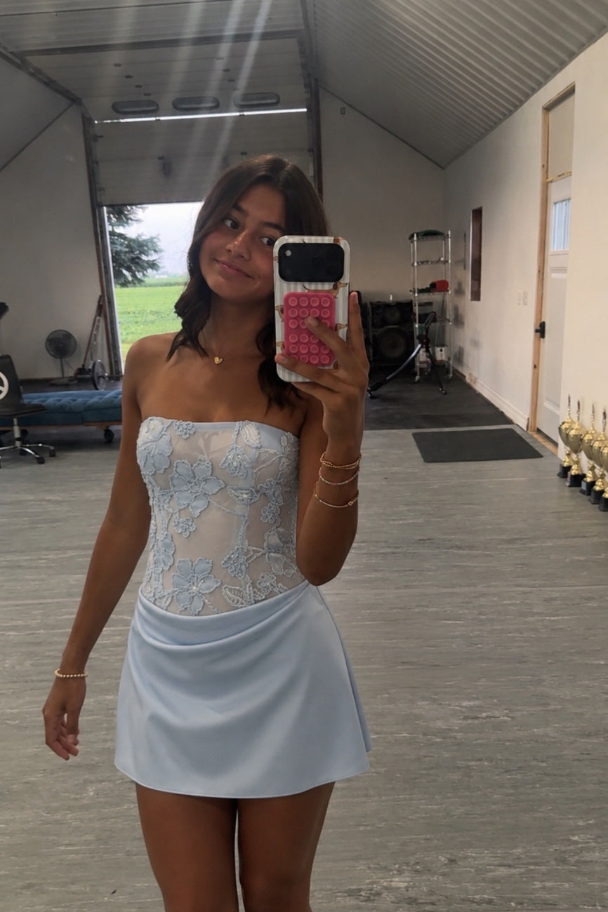 Blue Strapless Appliques Draped Short Dress