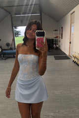 Blue Strapless Appliques Draped Short Dress