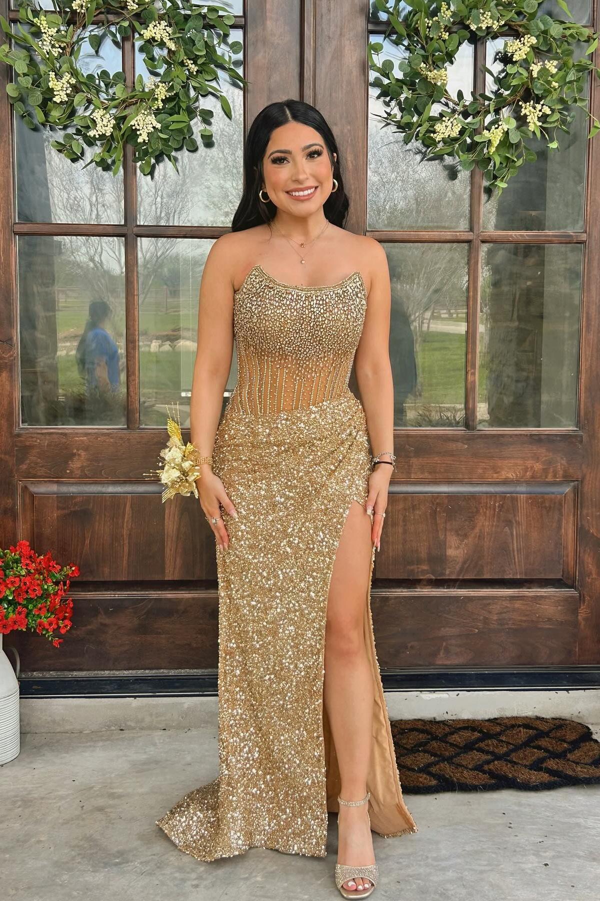 Strapless Beaded Champagne Sequin Fitted Long Formal Dress