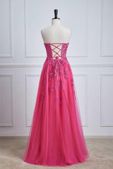 Hot Pink Lace Appliques Tulle A-line Long Formal Dress