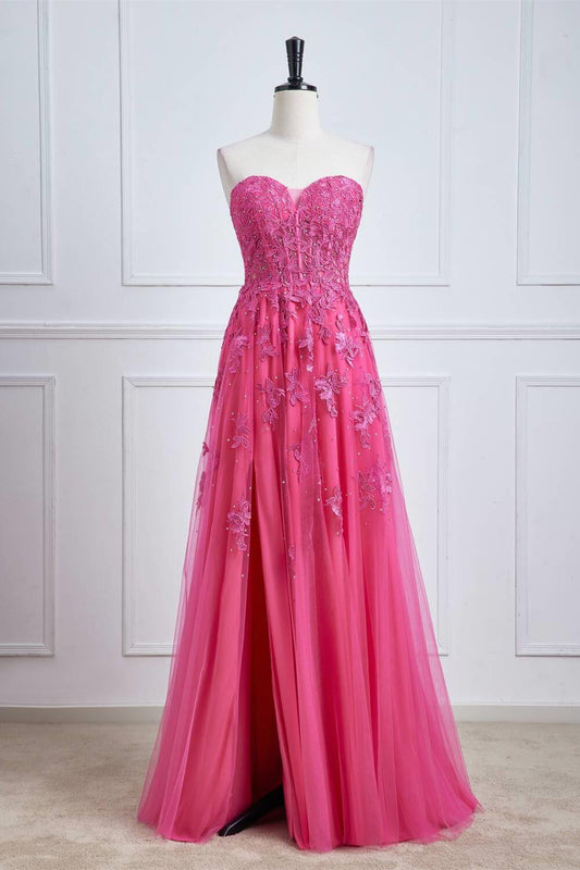 Hot Pink Lace Appliques Tulle A-line Long Formal Dress