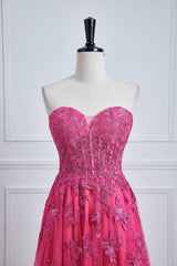 Hot Pink Lace Appliques Tulle A-line Long Formal Dress