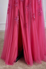 Hot Pink Lace Appliques Tulle A-line Long Formal Dress