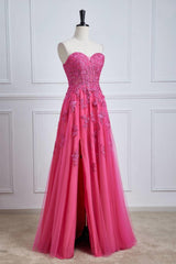 Hot Pink Lace Appliques Tulle A-line Long Formal Dress