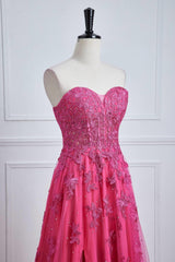 Hot Pink Lace Appliques Tulle A-line Long Formal Dress