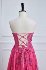 Hot Pink Lace Appliques Tulle A-line Long Formal Dress