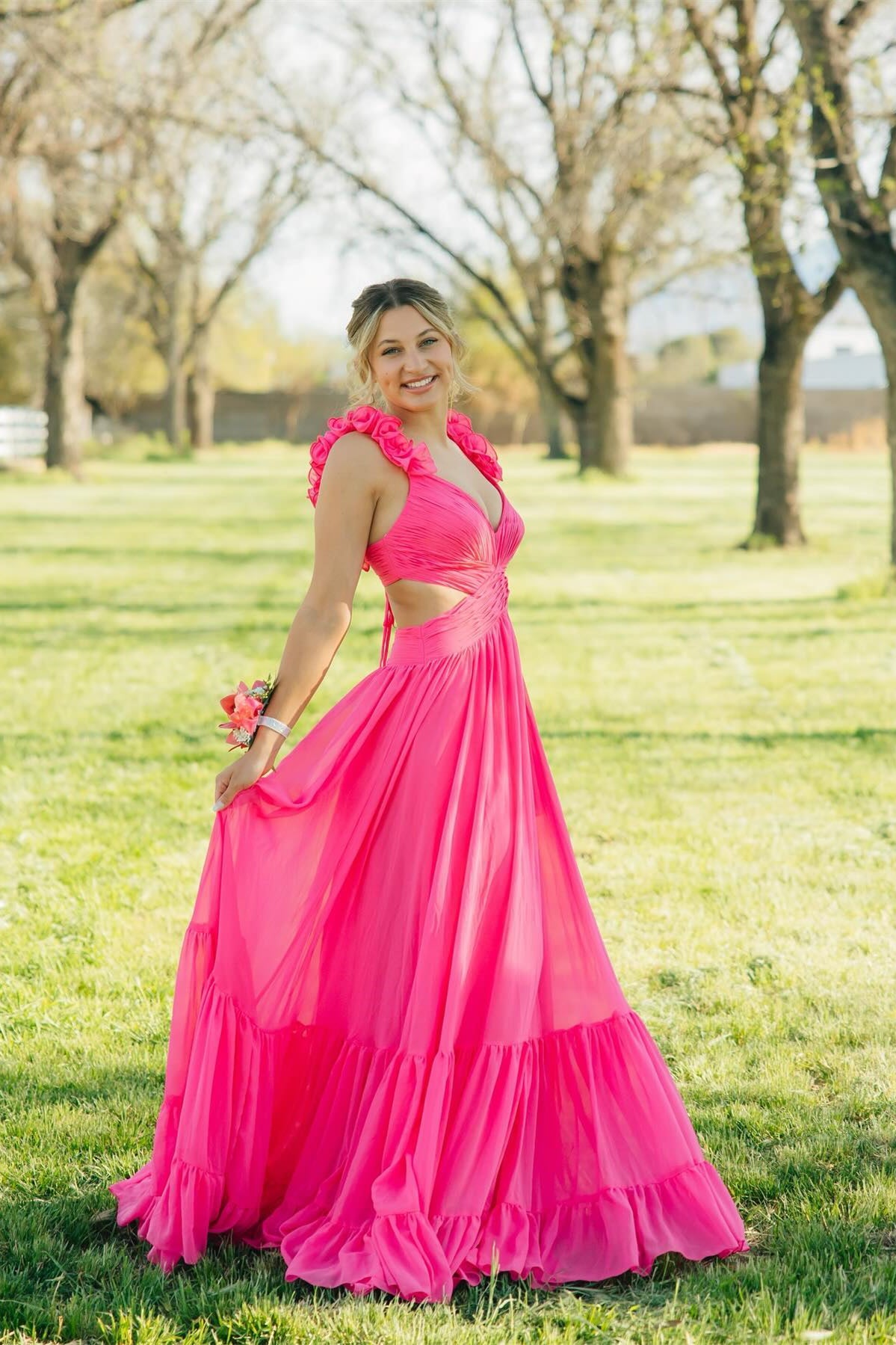 Hot Pink V Neck Ruffled A-Line Prom Dress