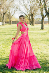 Hot Pink V Neck Ruffled A-Line Prom Dress