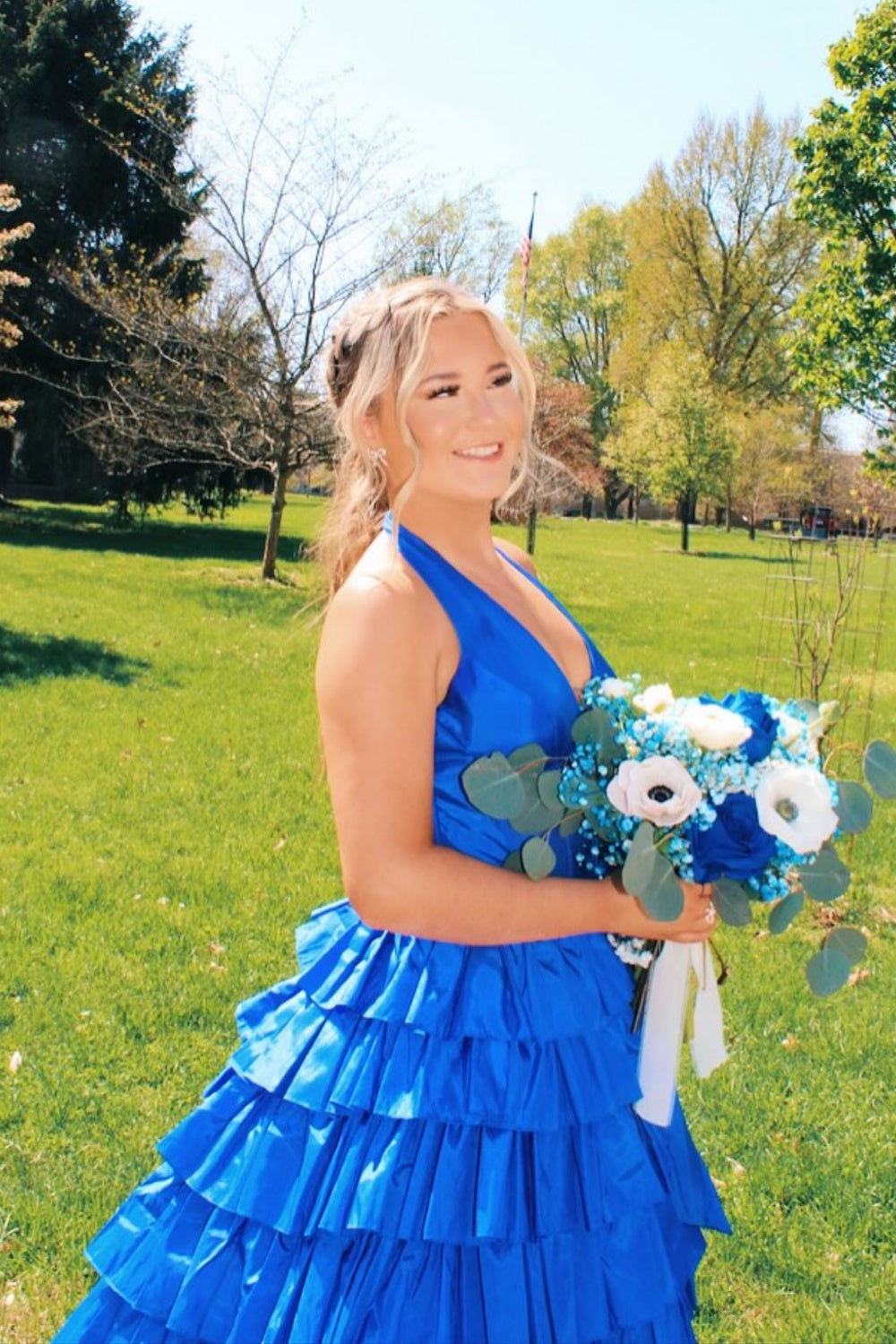 Halter Blue Tiered A-line Long Dress with Bow