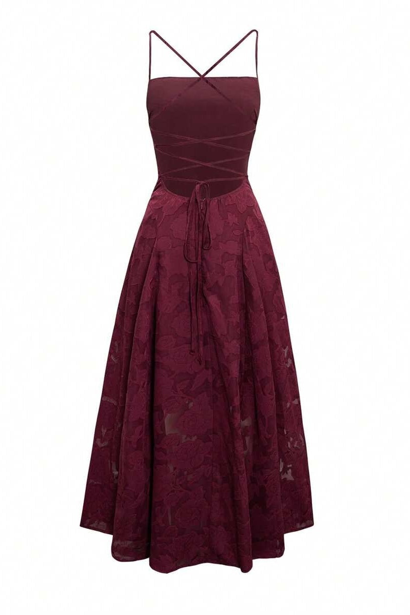 Burgundy Jacquard A-Line Long Dress
