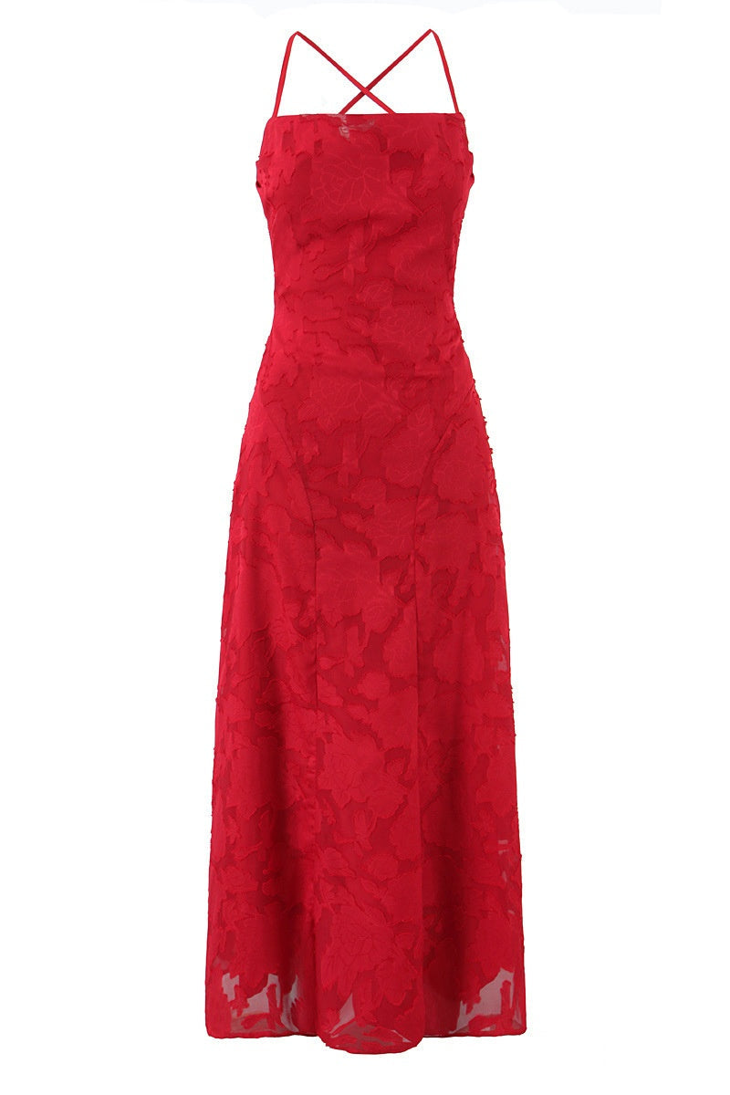 Burgundy Jacquard A-Line Long Dress