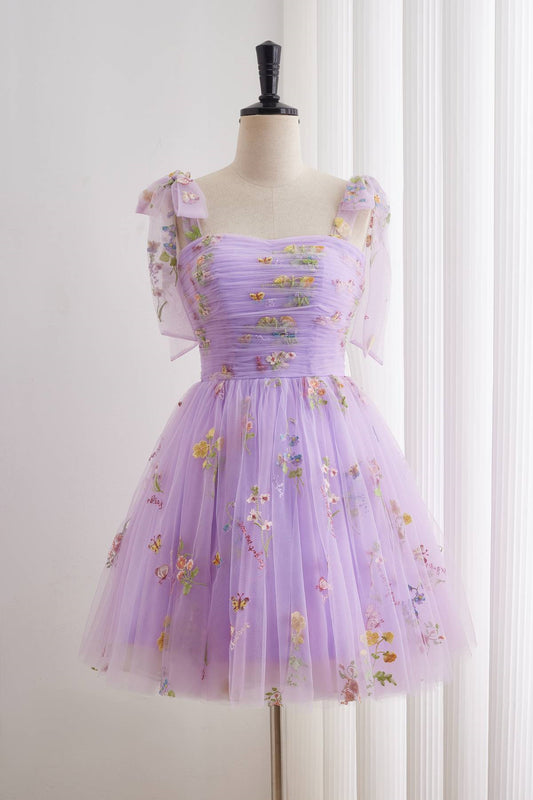 Bow Straps Lavender Floral Embroidered Fairytale Dress