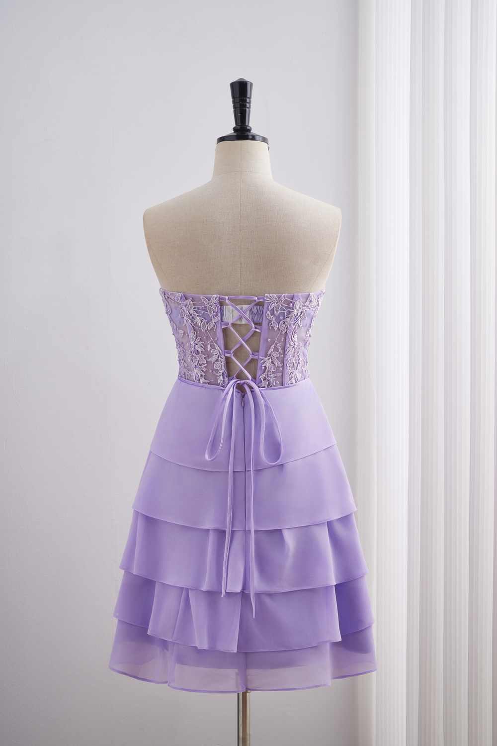 Lavender Appliques Chiffon Tiered Ruffle Short Dress