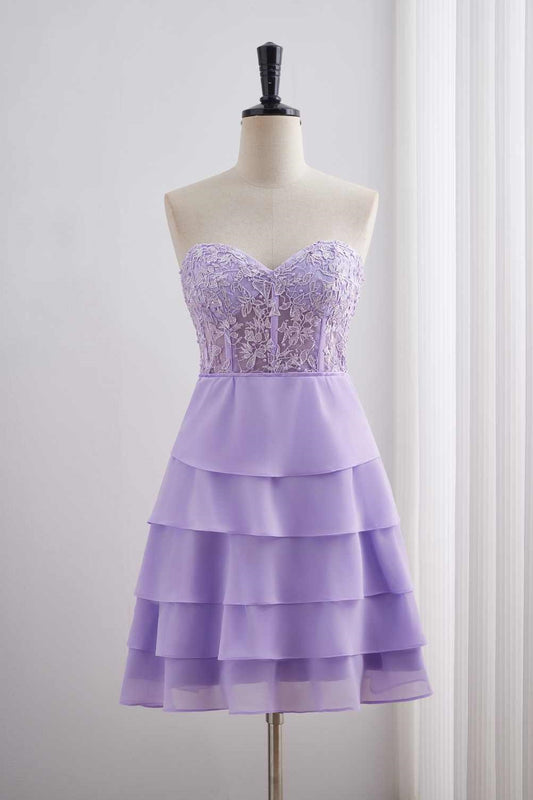 Lavender Appliques Chiffon Tiered Ruffle Short Dress