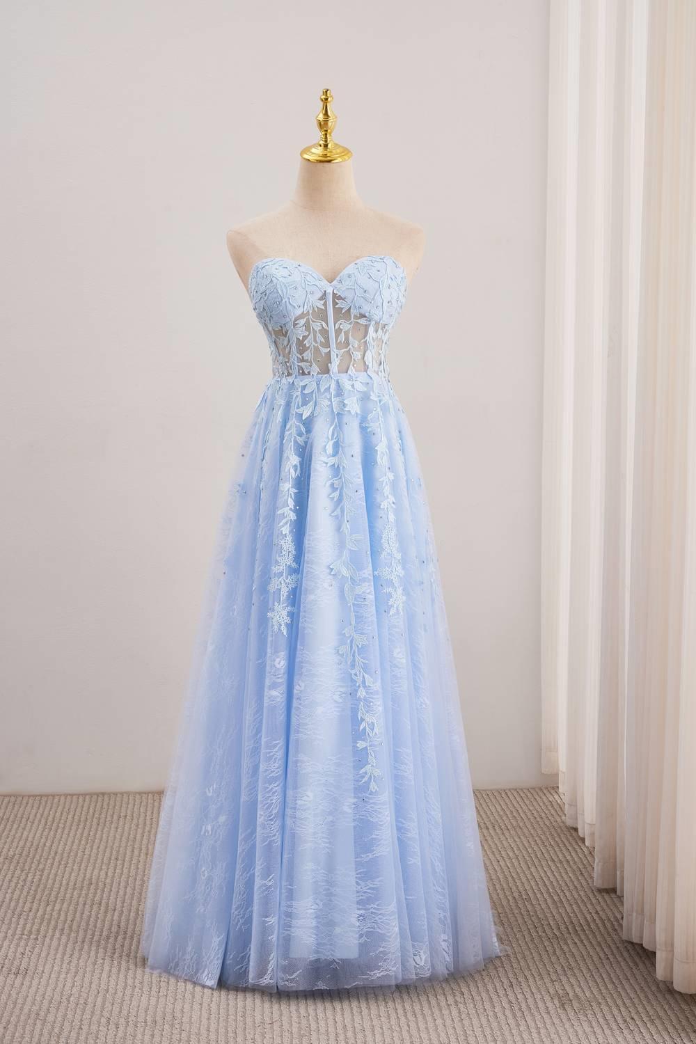 Blue Sweetheart Lace Illusion Lace-up Dress