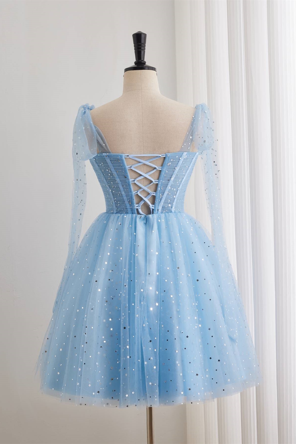 Bow Straps Light Blue Starry Short Dress