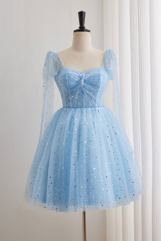 Bow Straps Light Blue Starry Short Dress