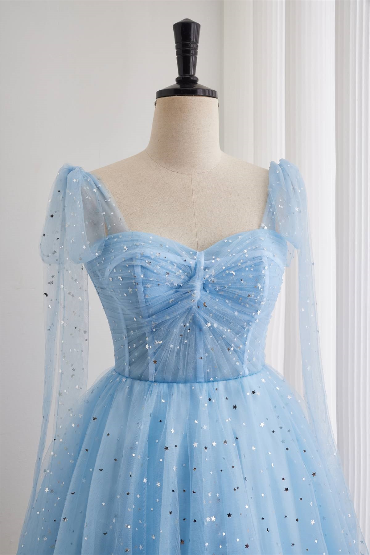 Bow Straps Light Blue Starry Short Dress