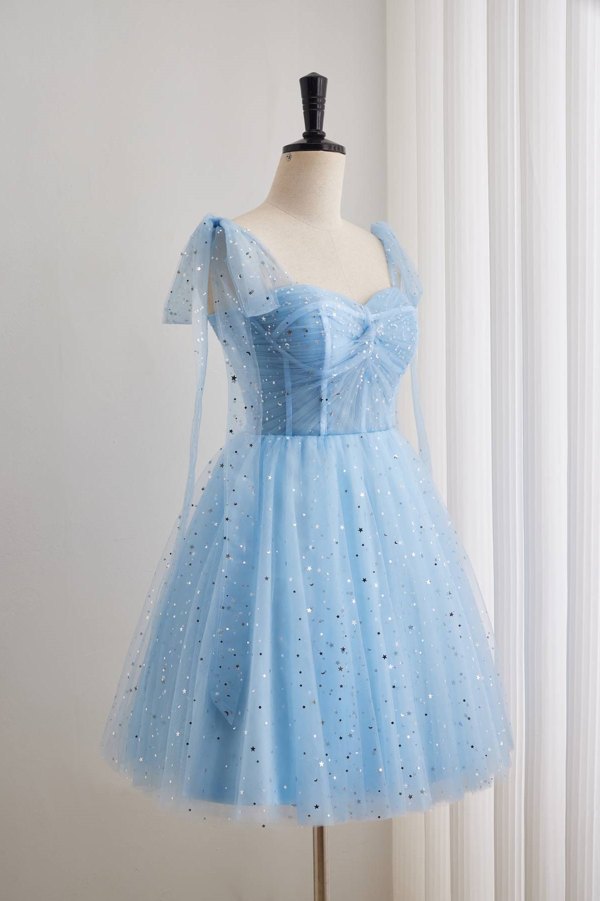 Bow Straps Light Blue Starry Short Dress