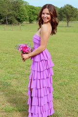 Strapless Lilac Chiffon A-line Tiered Maxi Dress