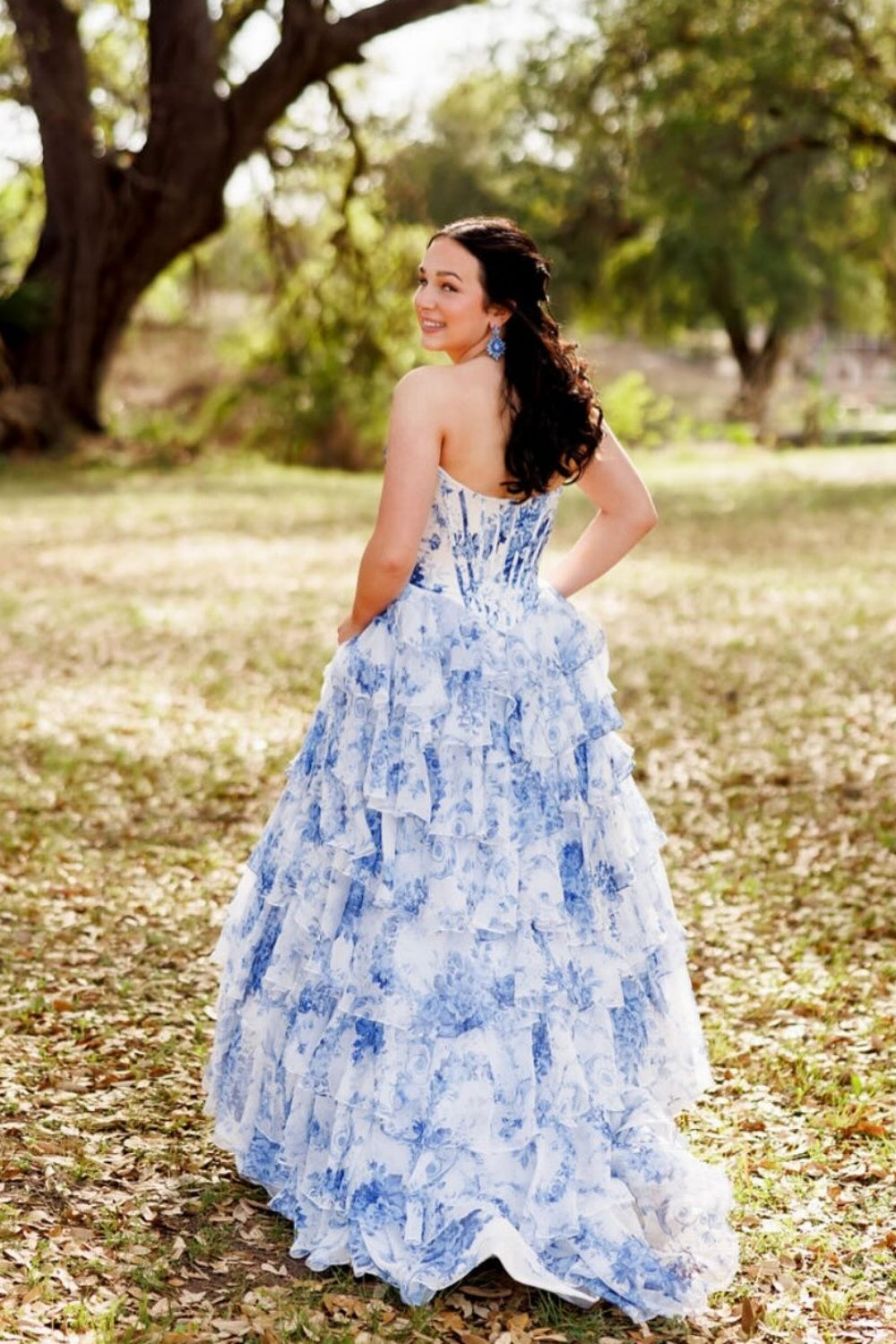 Strapless White and Blue Floral Print Tiered Long Dress