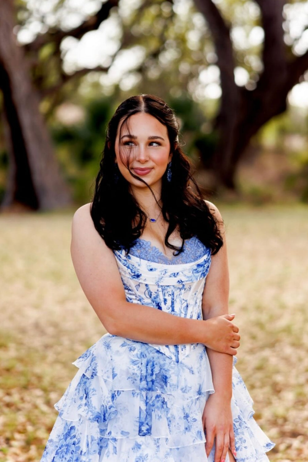 Strapless White and Blue Floral Print Tiered Long Dress