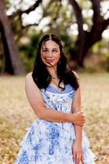Strapless White and Blue Floral Print Tiered Long Dress