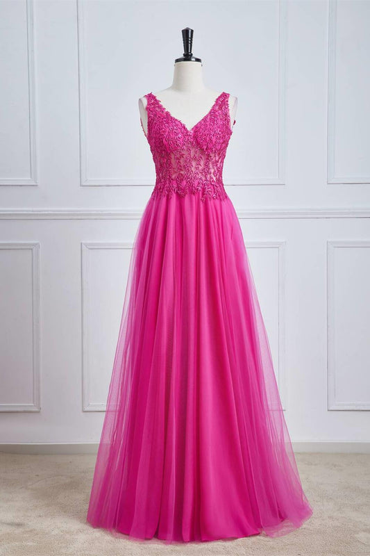 Magenta Appliques A-line Tulle Formal Dress