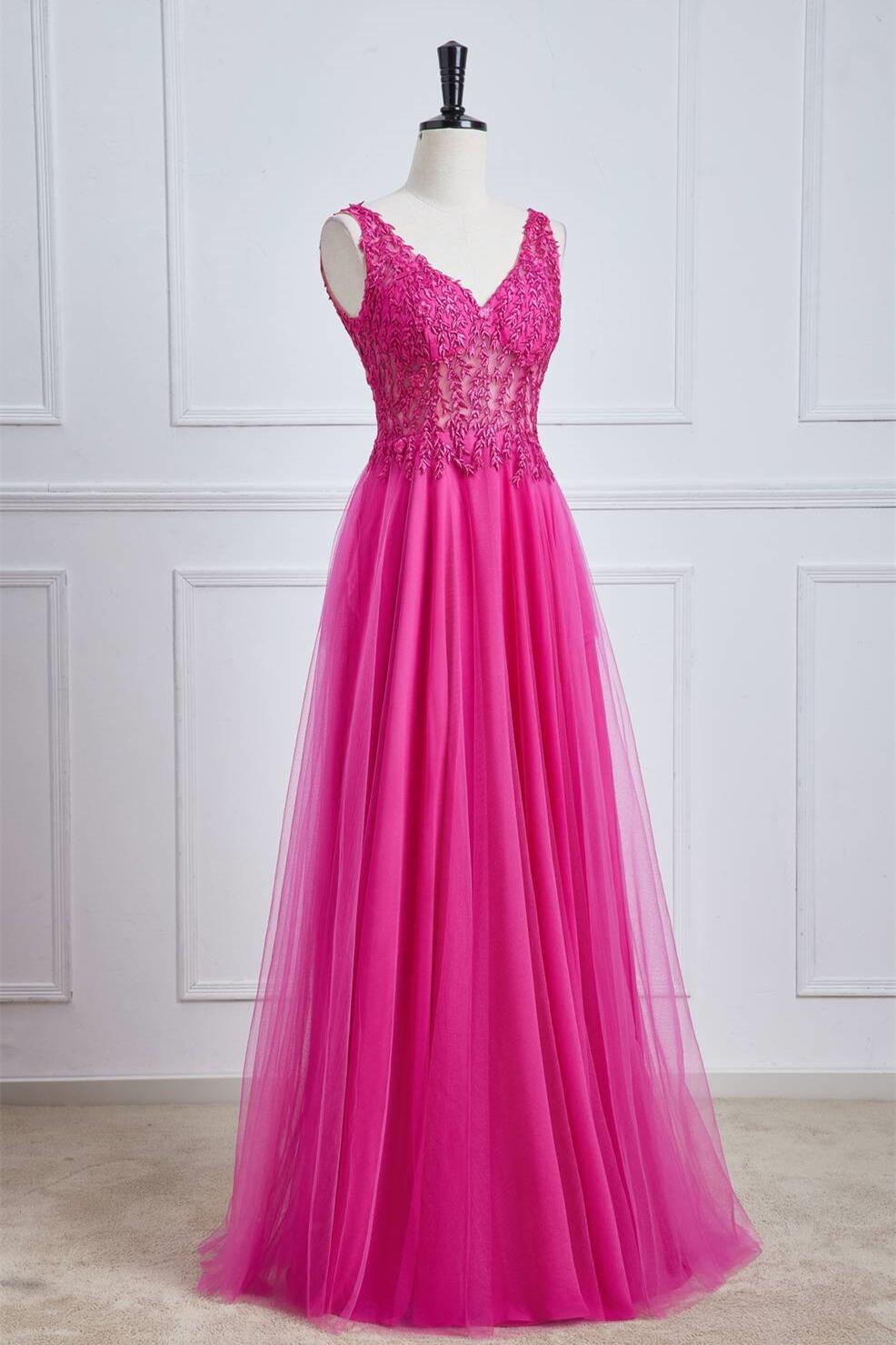 Magenta Appliques A-line Tulle Formal Dress