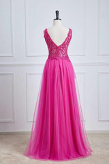 Magenta Appliques A-line Tulle Formal Dress