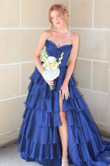 Sweetheart Yellow Lace Appliques A-line Ruffle Prom Dress