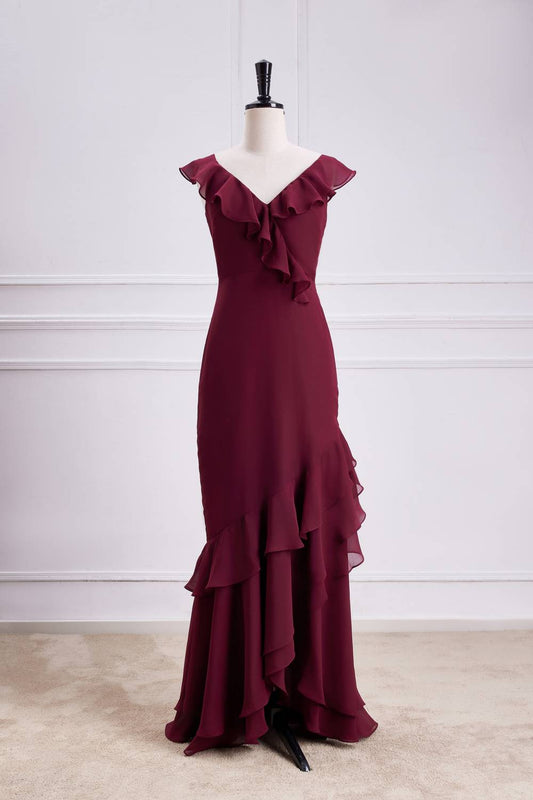 Burgundy Chiffon Ruffle Long Party Dress