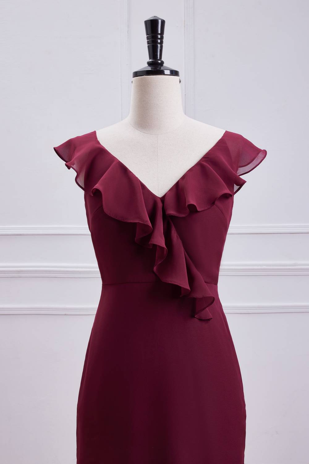 Burgundy Chiffon Ruffle Long Party Dress