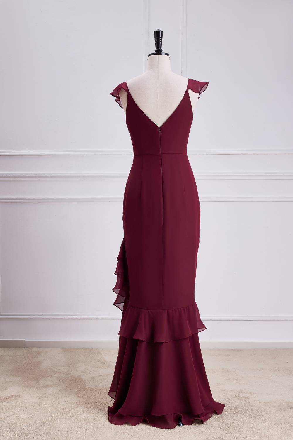 Burgundy Chiffon Ruffle Long Party Dress