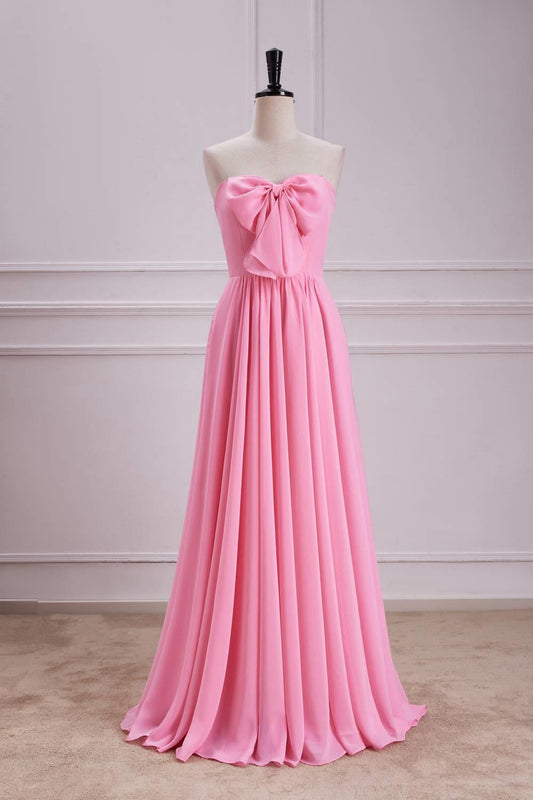 Bow Front Pink Chiffon A-line Long Party Dress