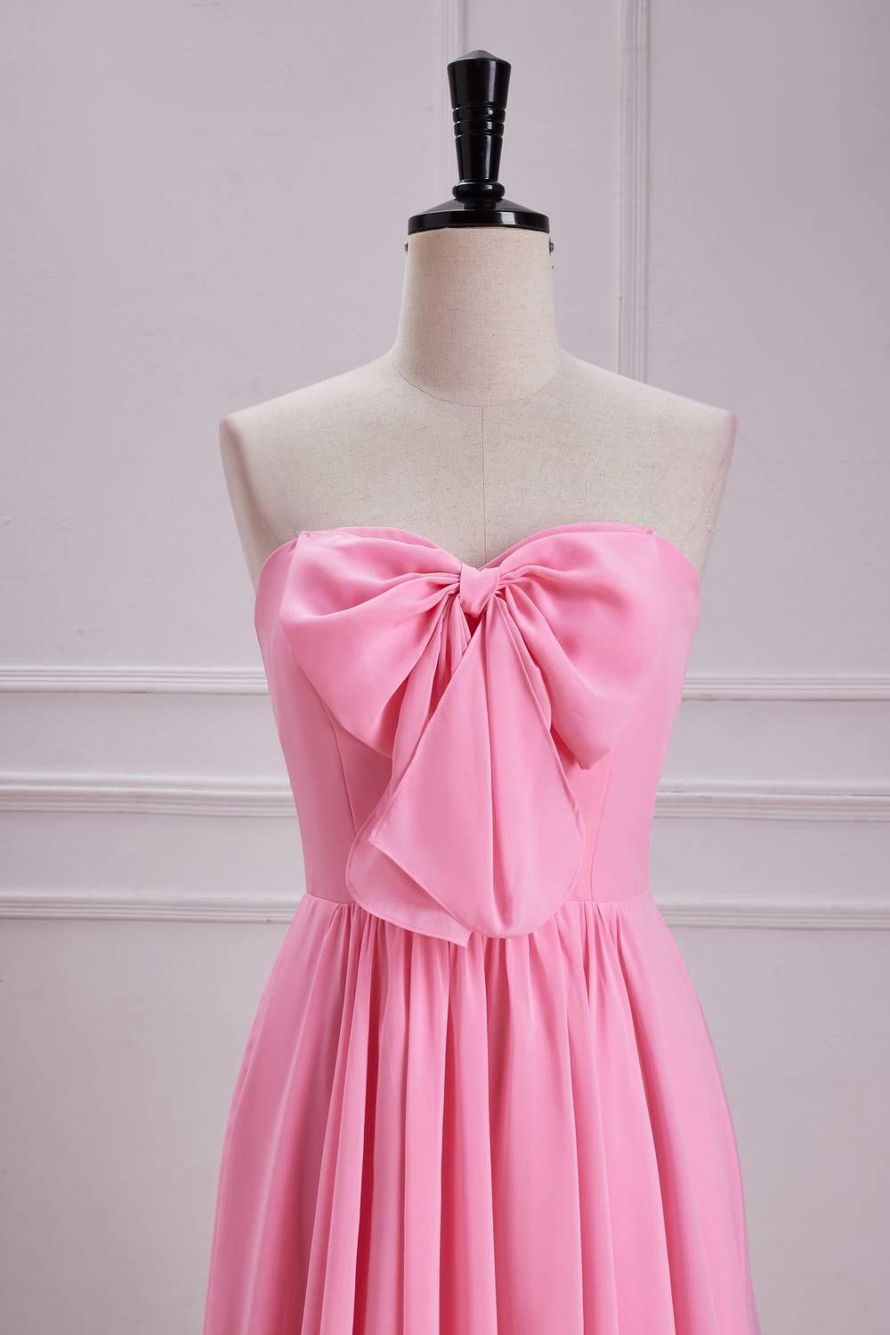 Bow Front Pink Chiffon A-line Long Party Dress